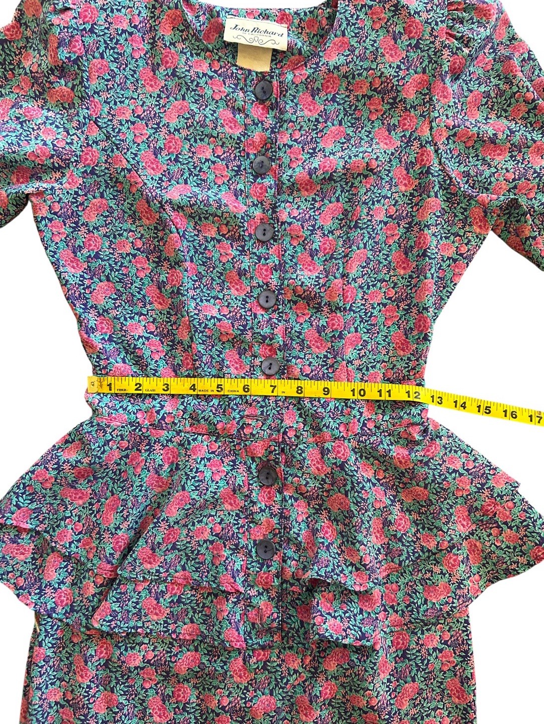 Vintage John Richard Floral Peplum Dress 80s Button Front Shoulder Pads Size M