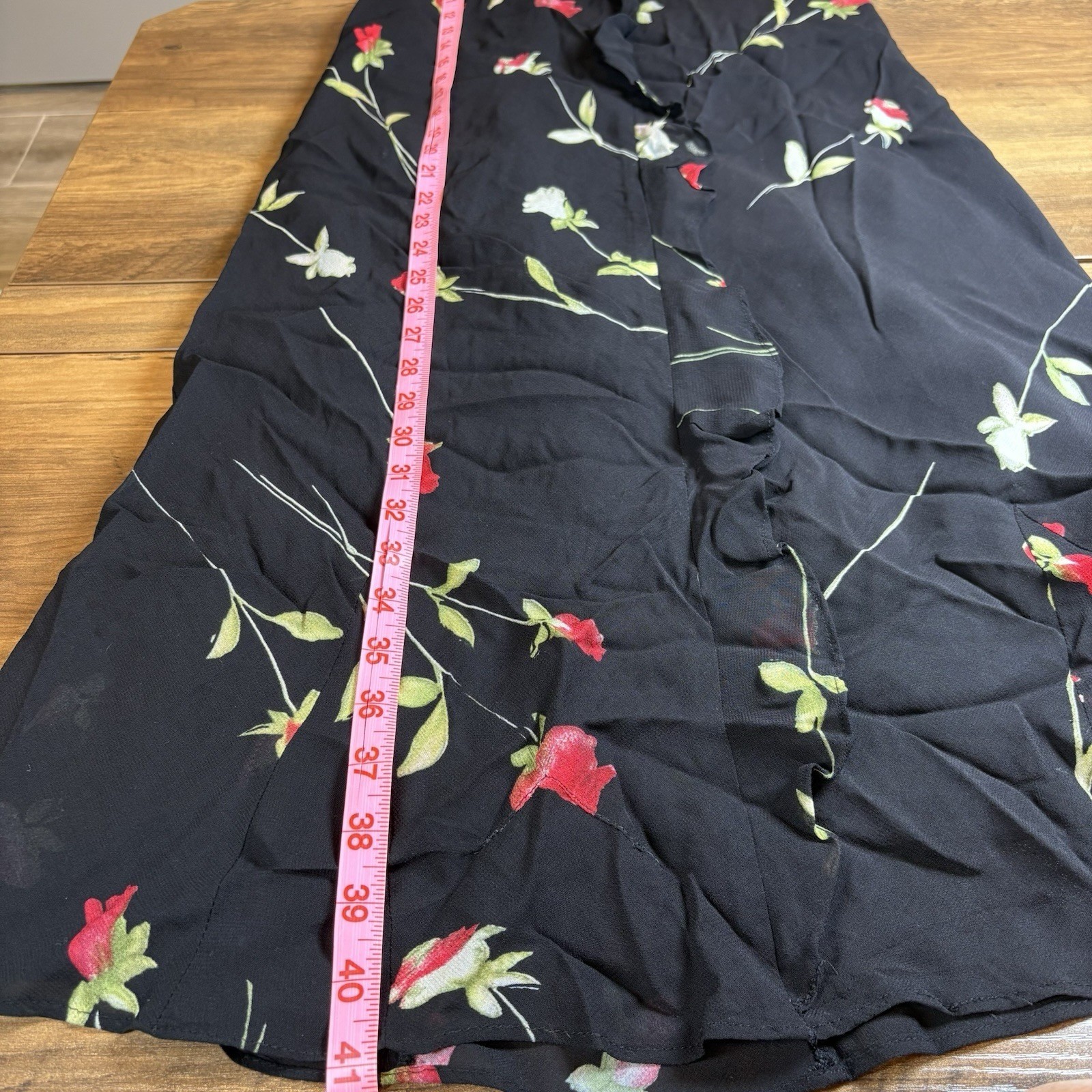 Vintage Evan Picone Women 6 Black Rose Midi Dress 90s Grunge Ruffle REPAIRED