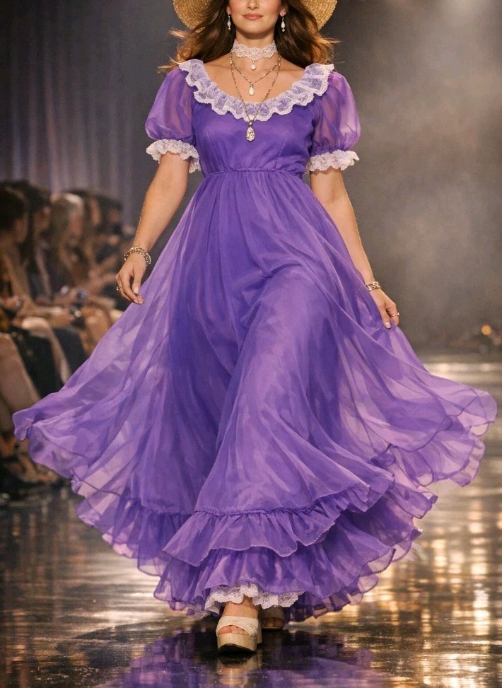 Vintage 70s Purple Chiffon Prairie Gown Lace Ruffles Satin Lining Formal Sz S