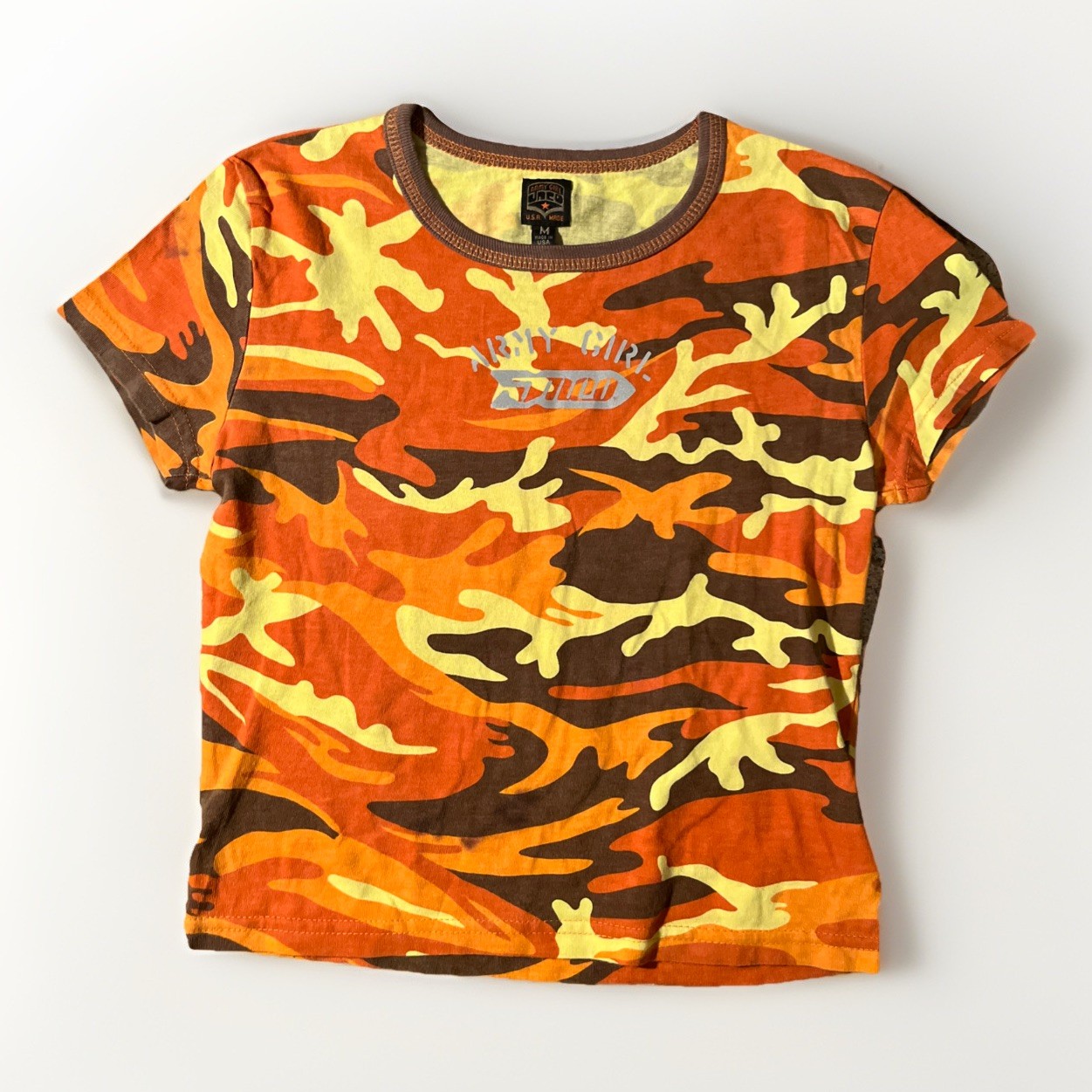 Vintage 90s Army Girl Jnco Baby Tee Shirt Top Orange Yellow Brown Camo USA Y2K