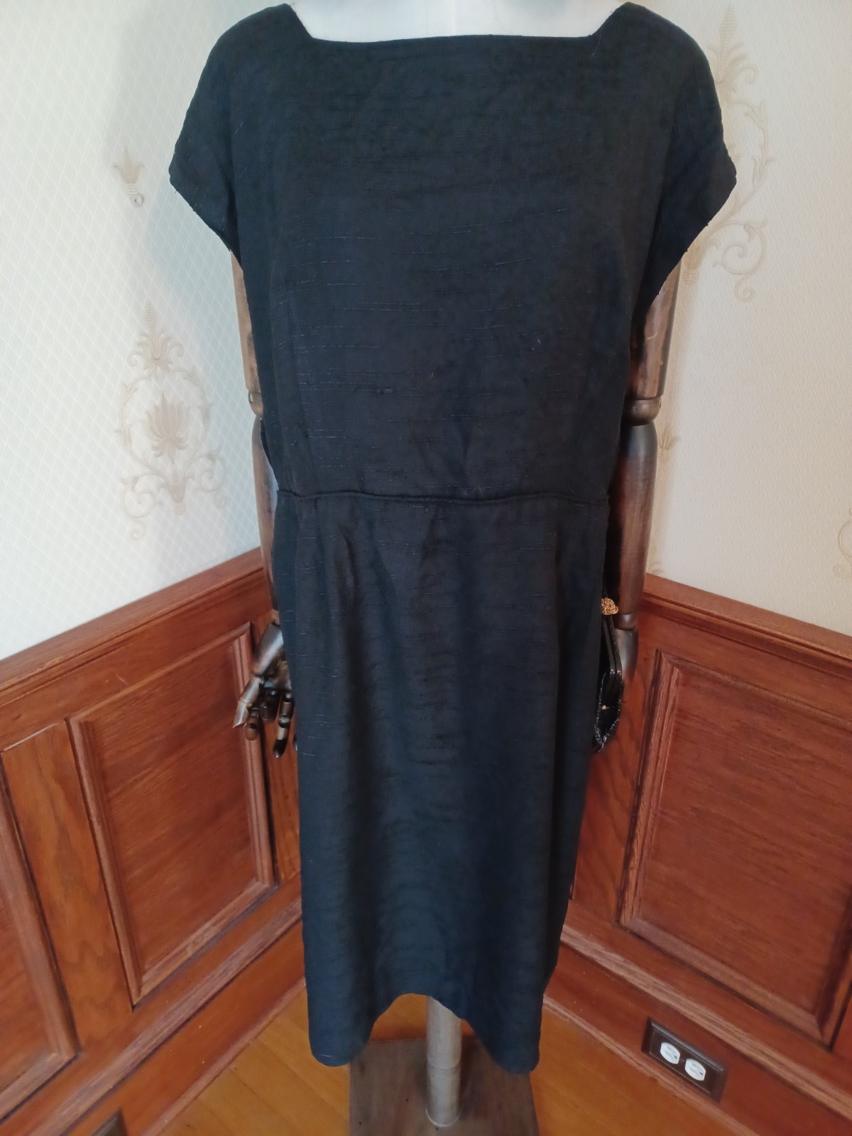 Vintage Mid-century Slubbed Black Cotton Little Black Cocktail Dress, size XL