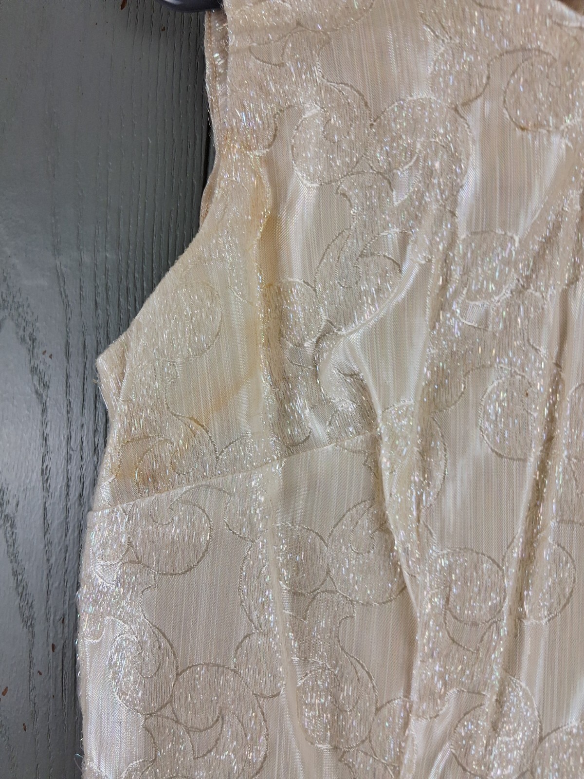 Vintage Mid Century Jaquard Skirt Jacket Set SMALL Iridescent Cream 3pc Flawed