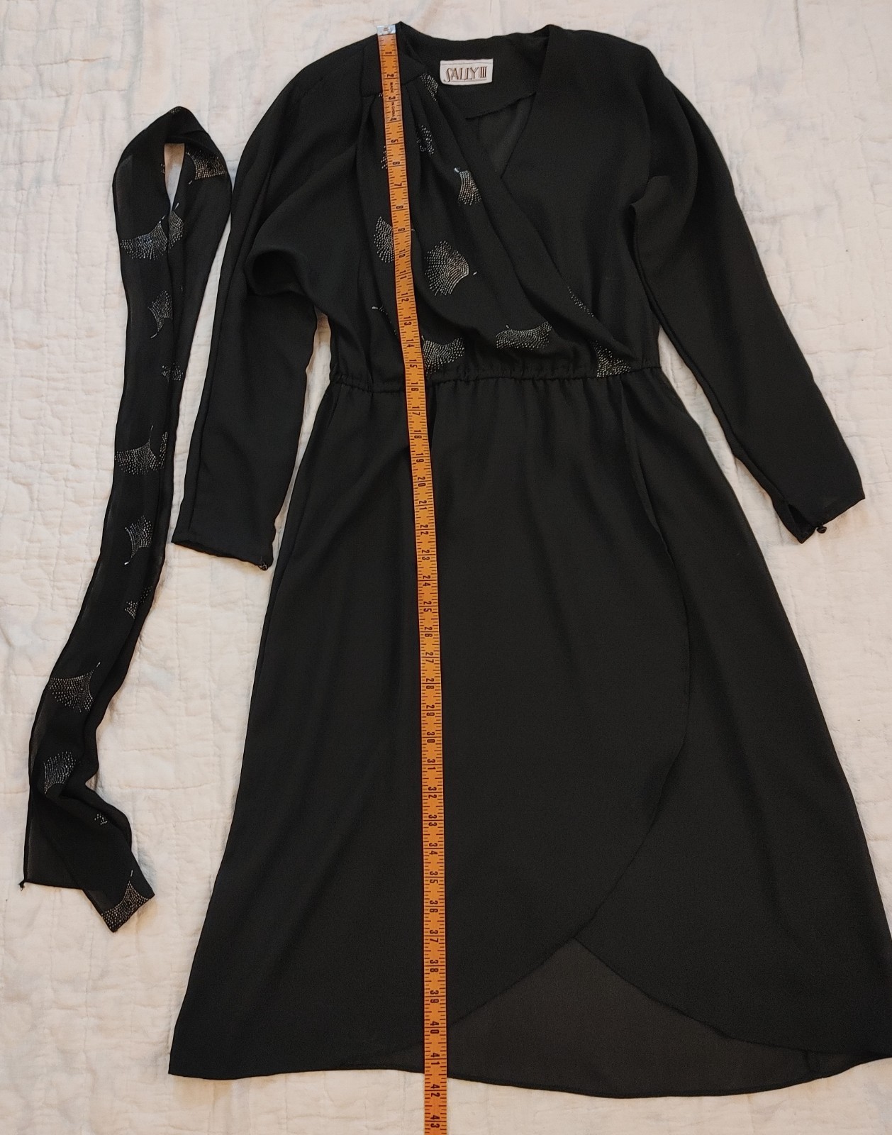 Vintage 80s Black Chiffon Faux Wrap Dress Sally III Disco Cocktail Chic sz M