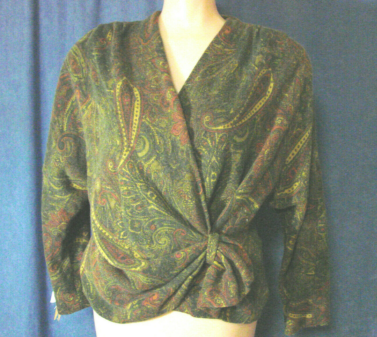 Vintage 80s Top Sweater ANGORA Wool Knit PAISLEY Lined Surplice SHOULDER PADS M
