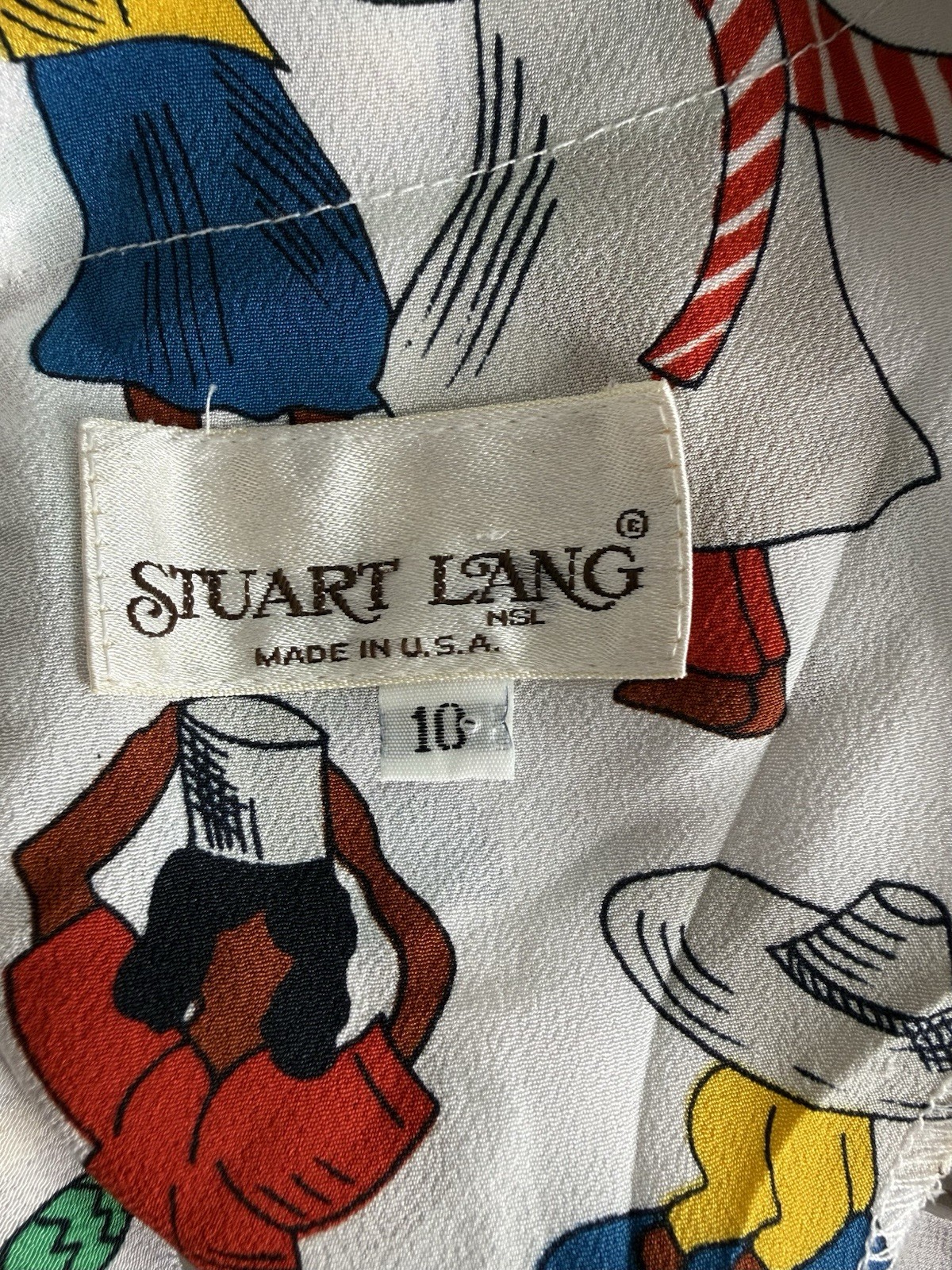 Vintage Stuart Lang USA Women’s Blouse Size 10 White Novelty Folk Print