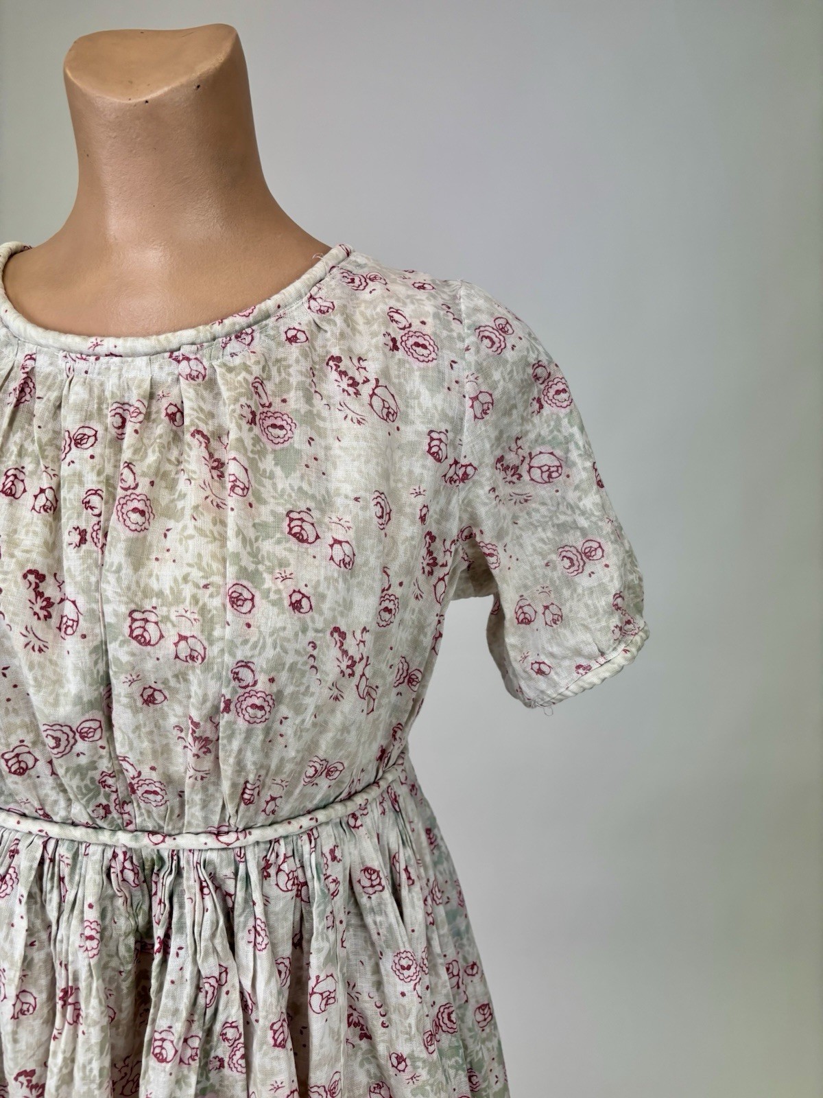 Vintage 1910s Childs Dress Short Sleeves Floral Print Pink Beige Soft Green