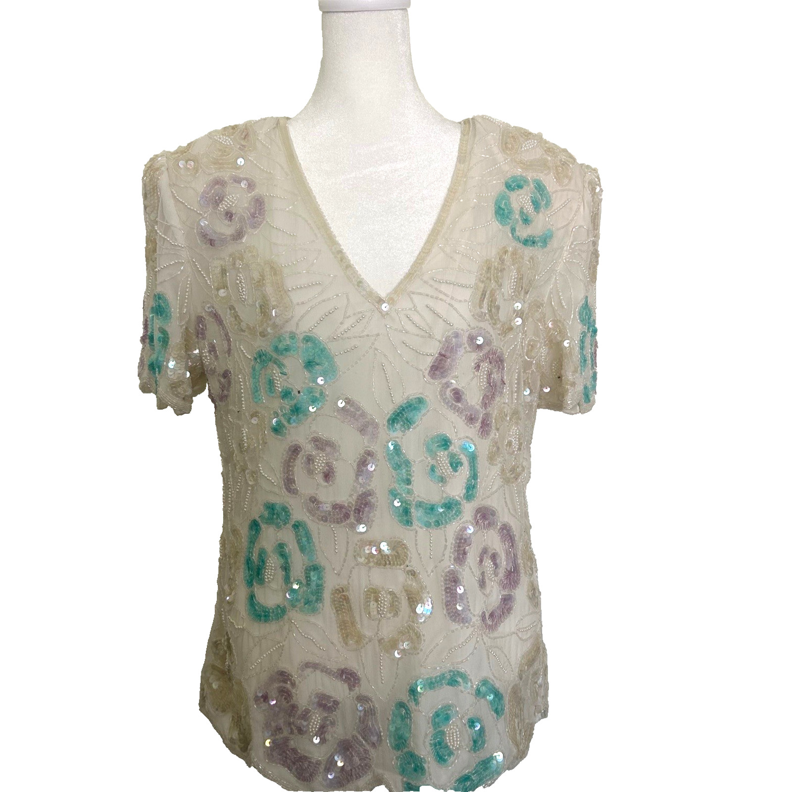 Papell Evening Silk Blouse Womens L Ivory Sequin Beaded Floral Vintage VNeck