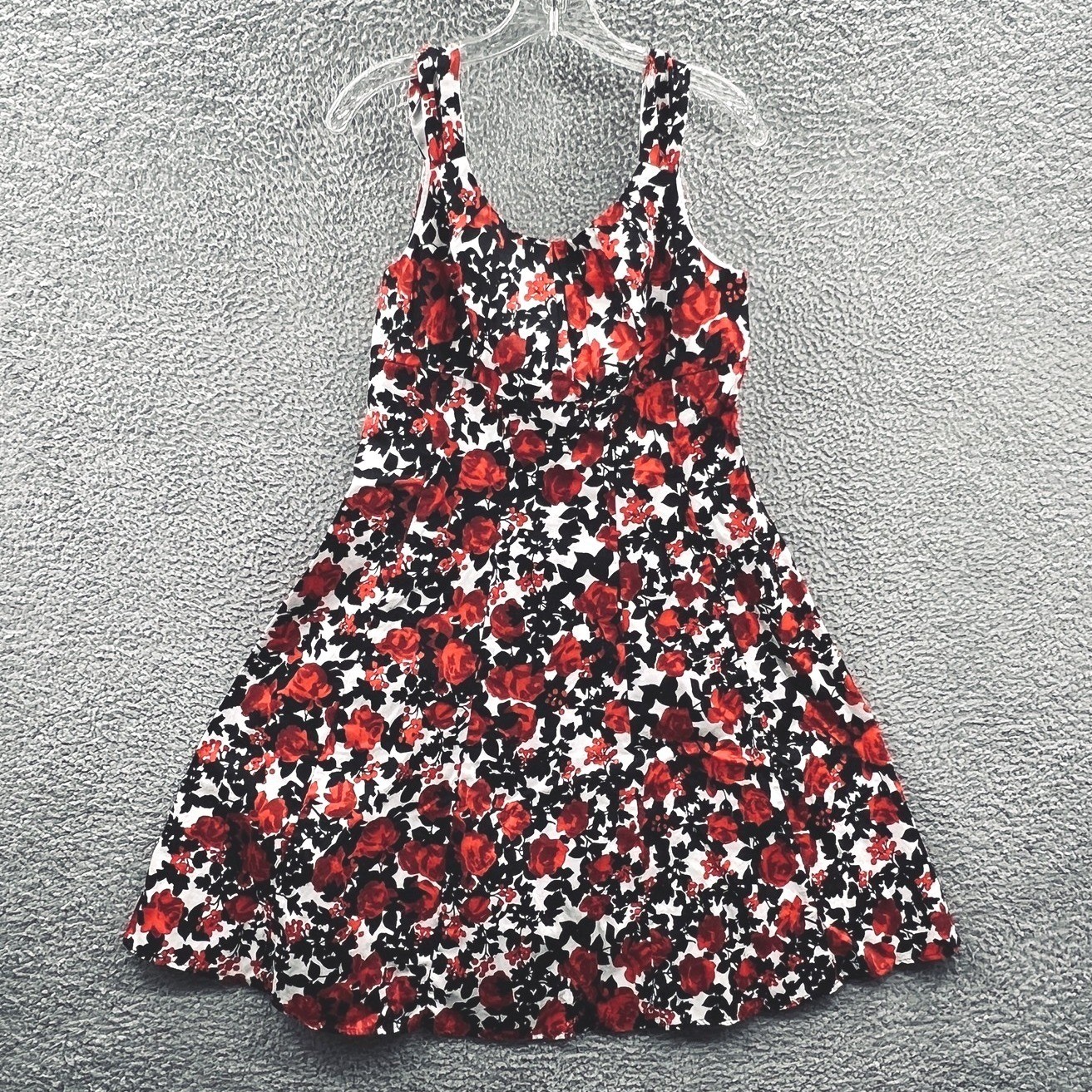 Womens Fit Flare Skater Dress 12 Red Floral Indie Cottage Retro Summer Vacation