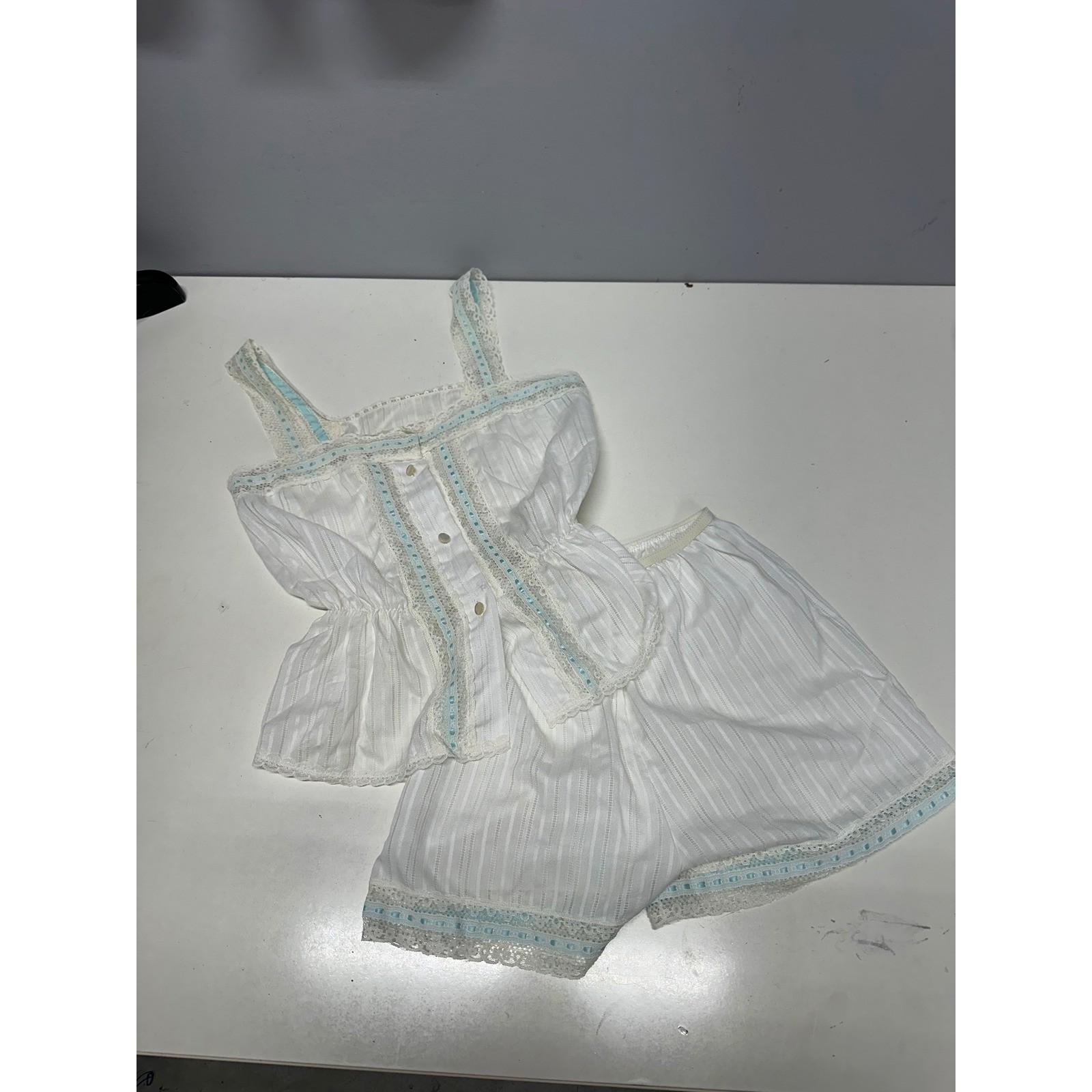 Vintage Komar Pajama Set White Blue Lace Trim Camisole Shorts Size 5 Made in USA