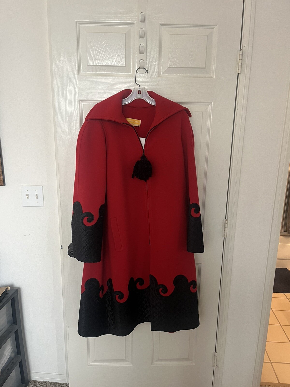 Christian Lacroix 1990s Red & Black Applique Coat W/Black Tassel Zipper