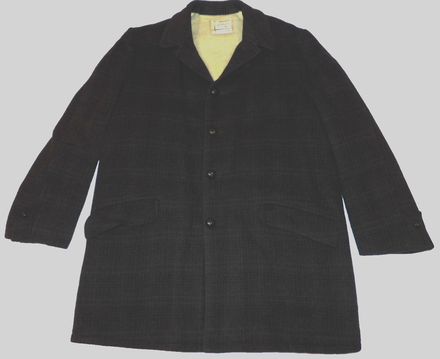 VINTAGE 1950s PENNEY’S PLAID WOOL WINTER COAT! PILE LININING! 4-BUTTON FRONT! 42