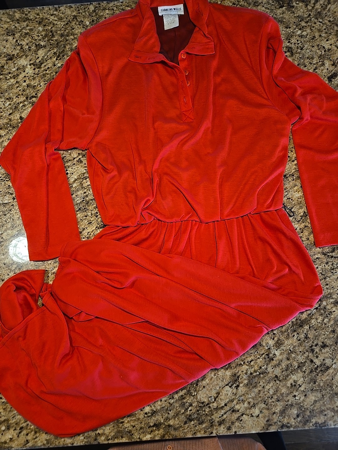 Vintage 90s Caroline Wells Collection Red Collared Dress w/black belt Sz16