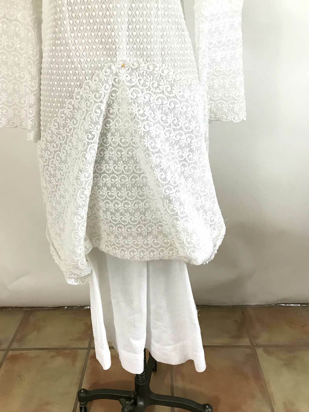 Vtg 70s CALDERON White Lace Wedding Dress Sheer Bell Sleeve Romantic Boho sz 6