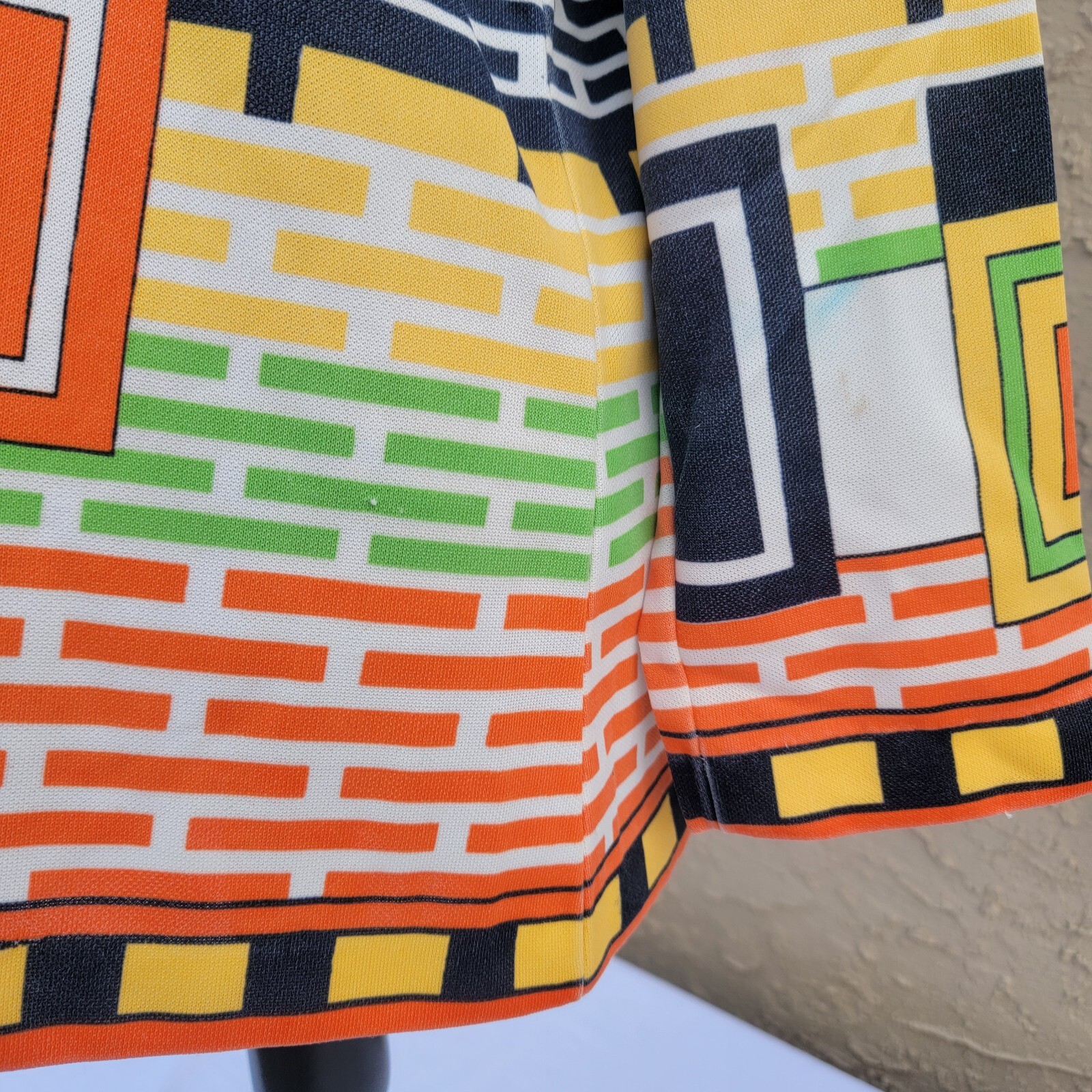Vintage Polyester Top, Bright Geometric Rectangle Print, Green Orange Brown