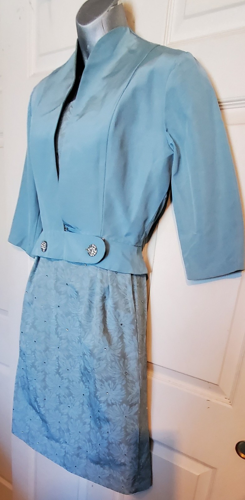 Vintage 50s Blue Silver Dress Matching Jacket Misses by Martha Manning B38 2 Pc.