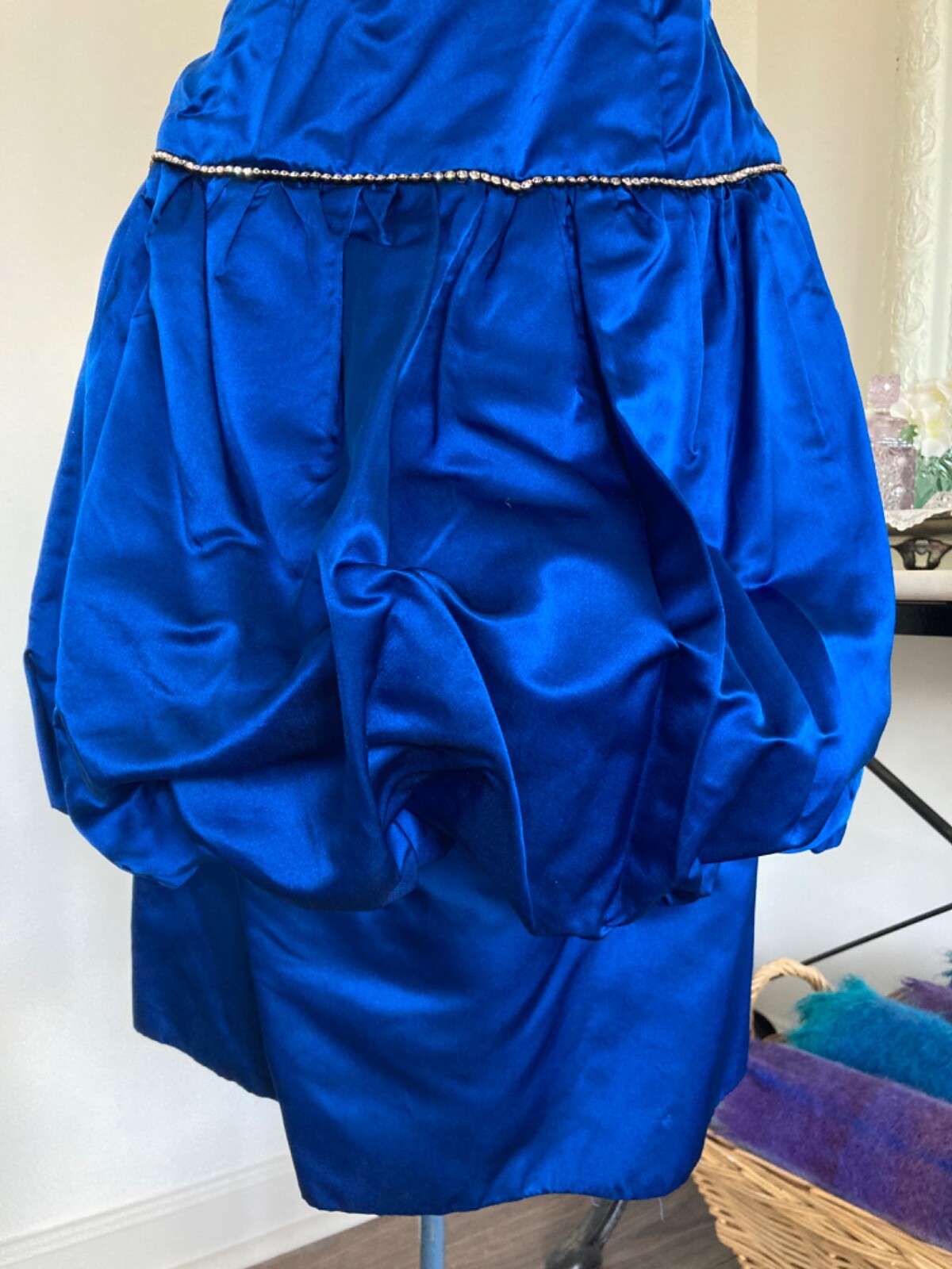 Vintage CACHE Peacock Blue Silk Bubble COCKTAIL Dress Rhinestones Strapless 36