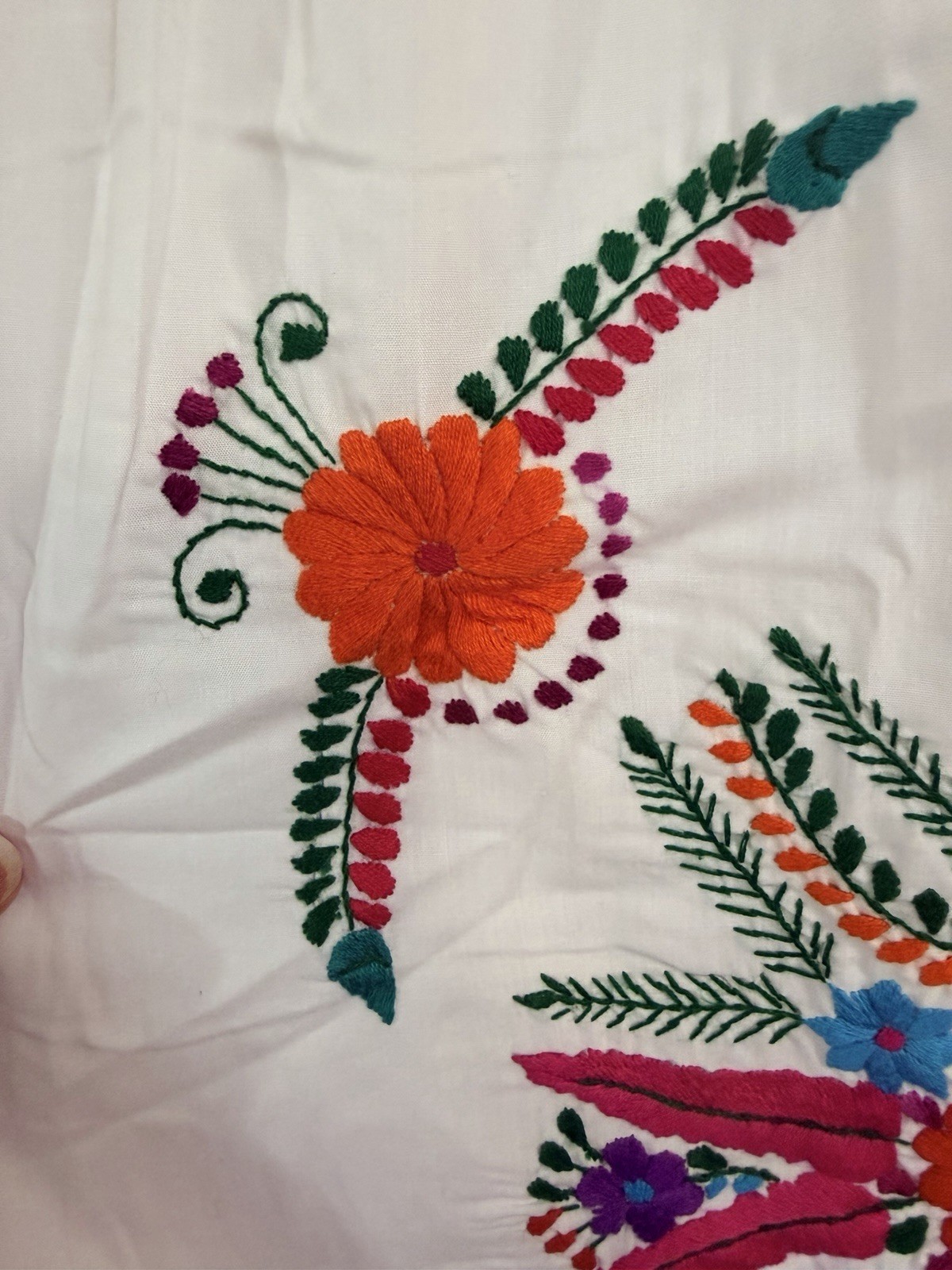 Mexican Oaxaca White multi colored EMBROIDERED DRESS Large boho sundress Cotton