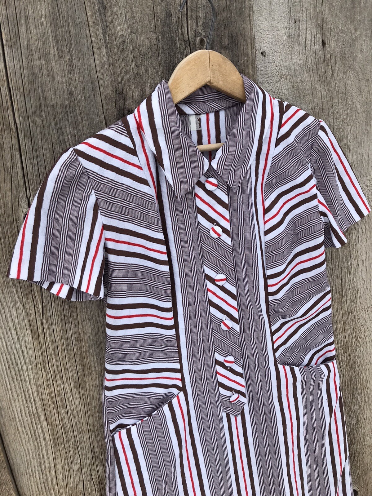Vintage 70s Striped Collared Everyday Shirt Dress with Pockets, Medium