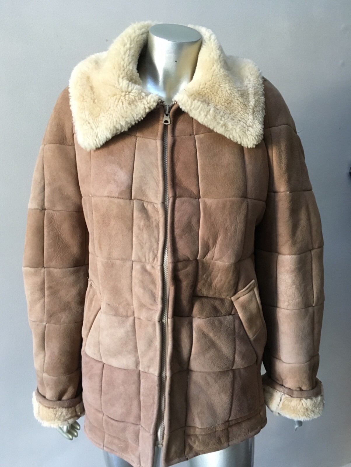 Shearling Fur Vintage 80s Real Sheepskin Lined Suede Jacket patch Jacket Coat M