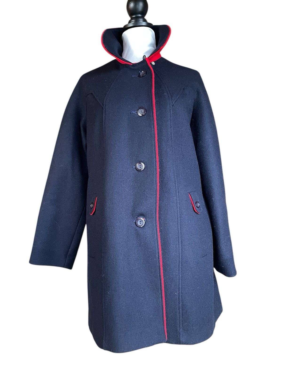 Vintage ILGWU Navy Wool Coat Red Trim USA Made Mod Military Style Women’s Large