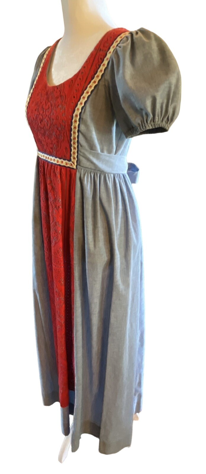 VINTAGE Joy Stevens CA boho maxi dress Blue Red Pinafore Lace Crochet Puff 3/4