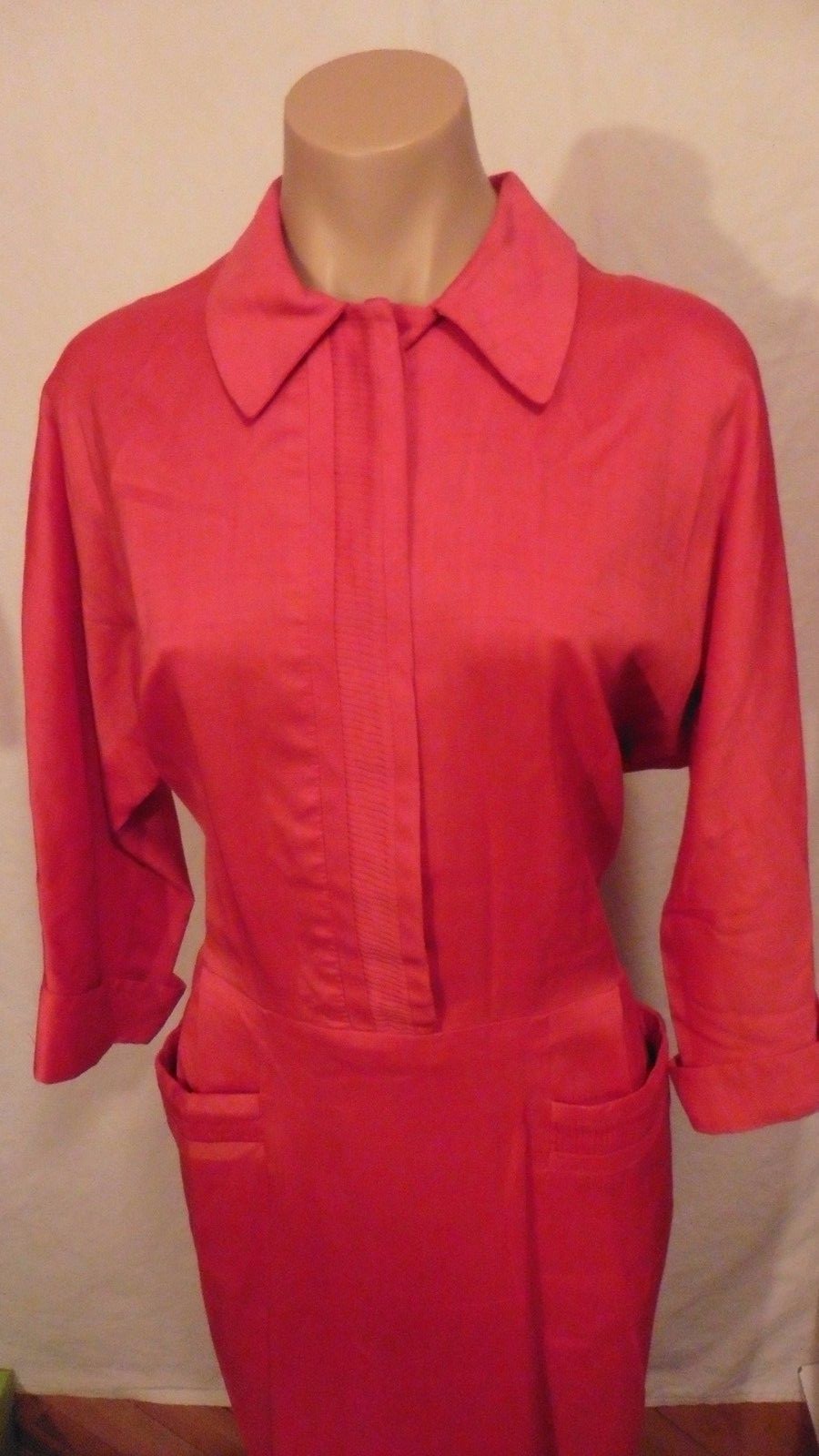 40s Red Linen Shirt Dress w/ Pleat Accents by Charles Hymen sz L 42x34x46