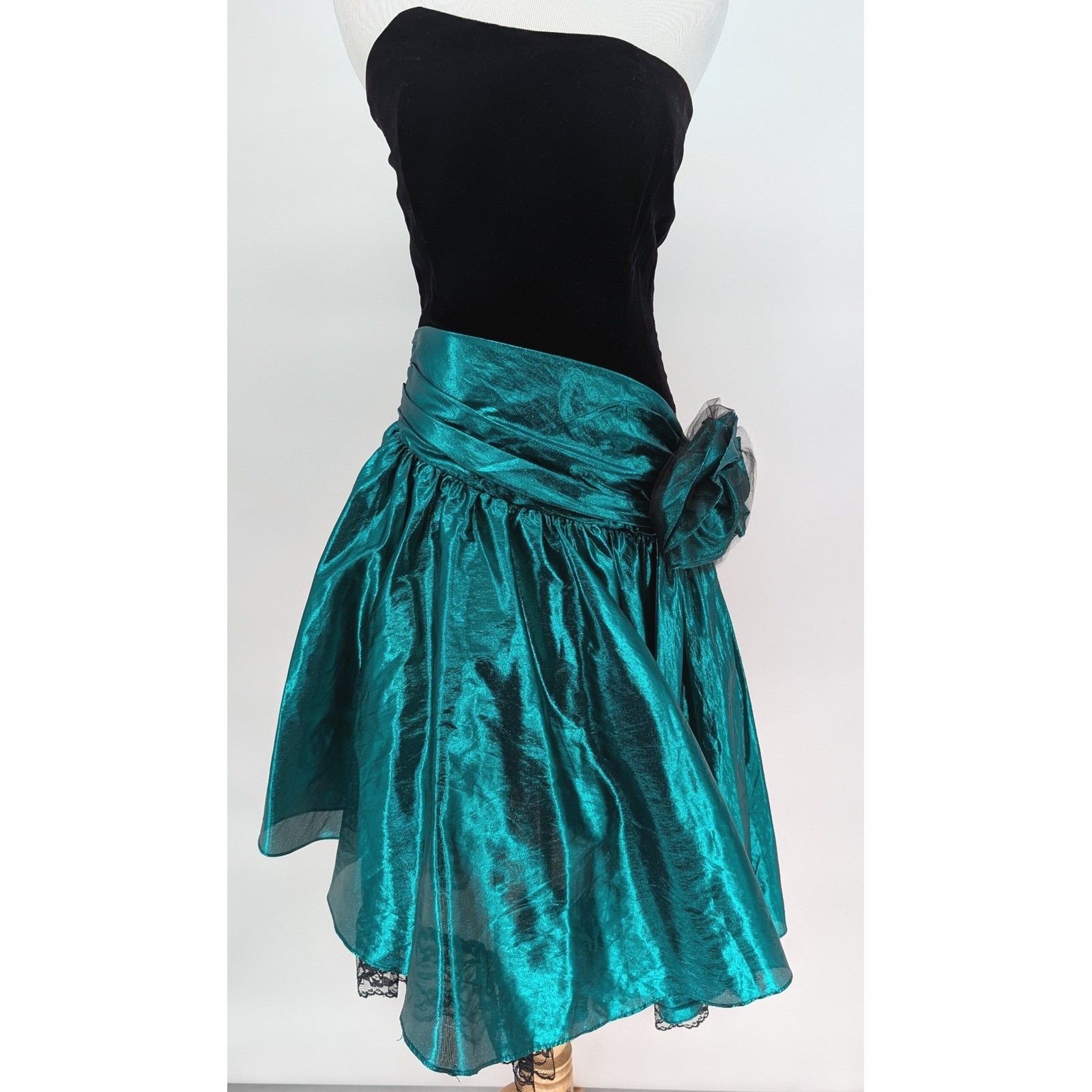 Vintage 80s Strapless Prom Dresses Teal Black Velvet Metallic Bow Glam Gowns