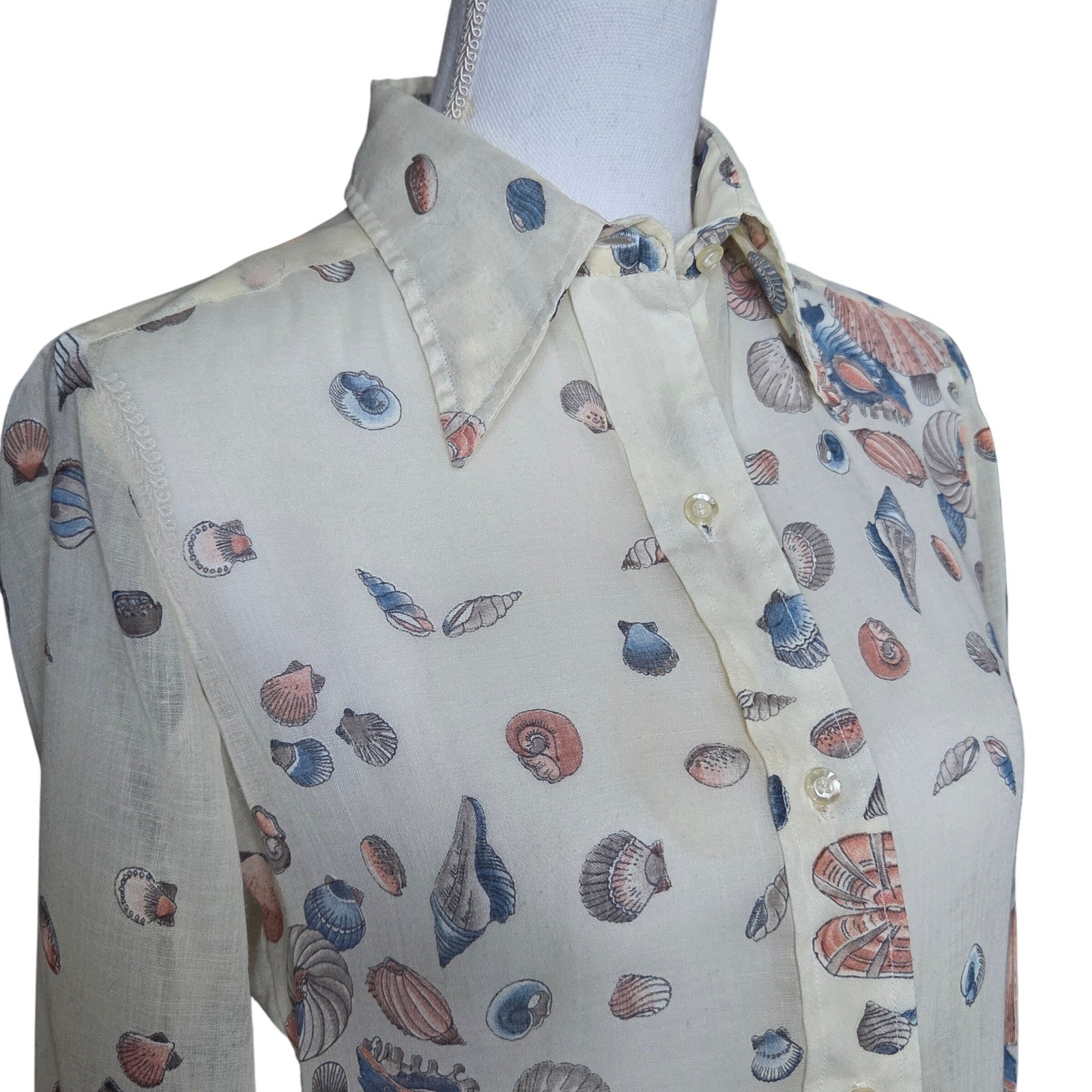 Vintage Harbinger Ltd Seashell Print Button Down Top Cream Coastal Nautical 10