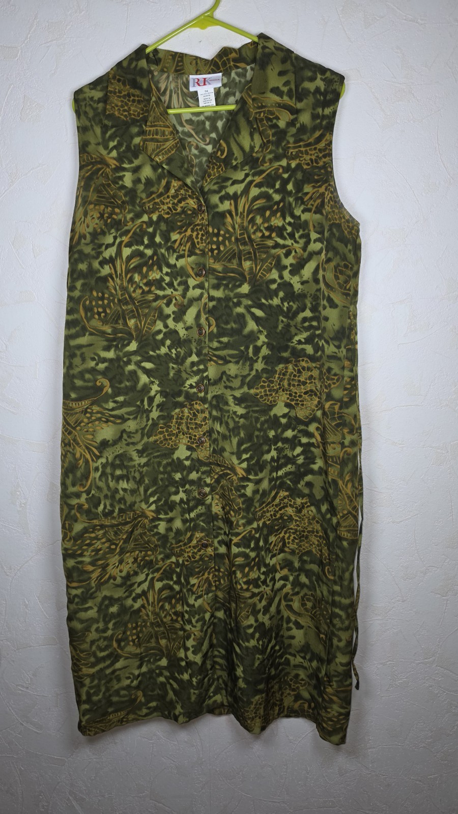 Vtg 90s R & K Originals Green Tropical & Animal Print Midi Dress Grunge Size 14