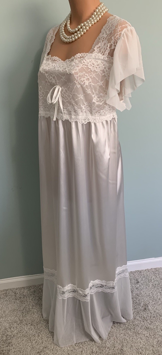 New Glossy 3X Satin & Chiffon Slip Dress Nightgown Lounge Bridal White Elegant