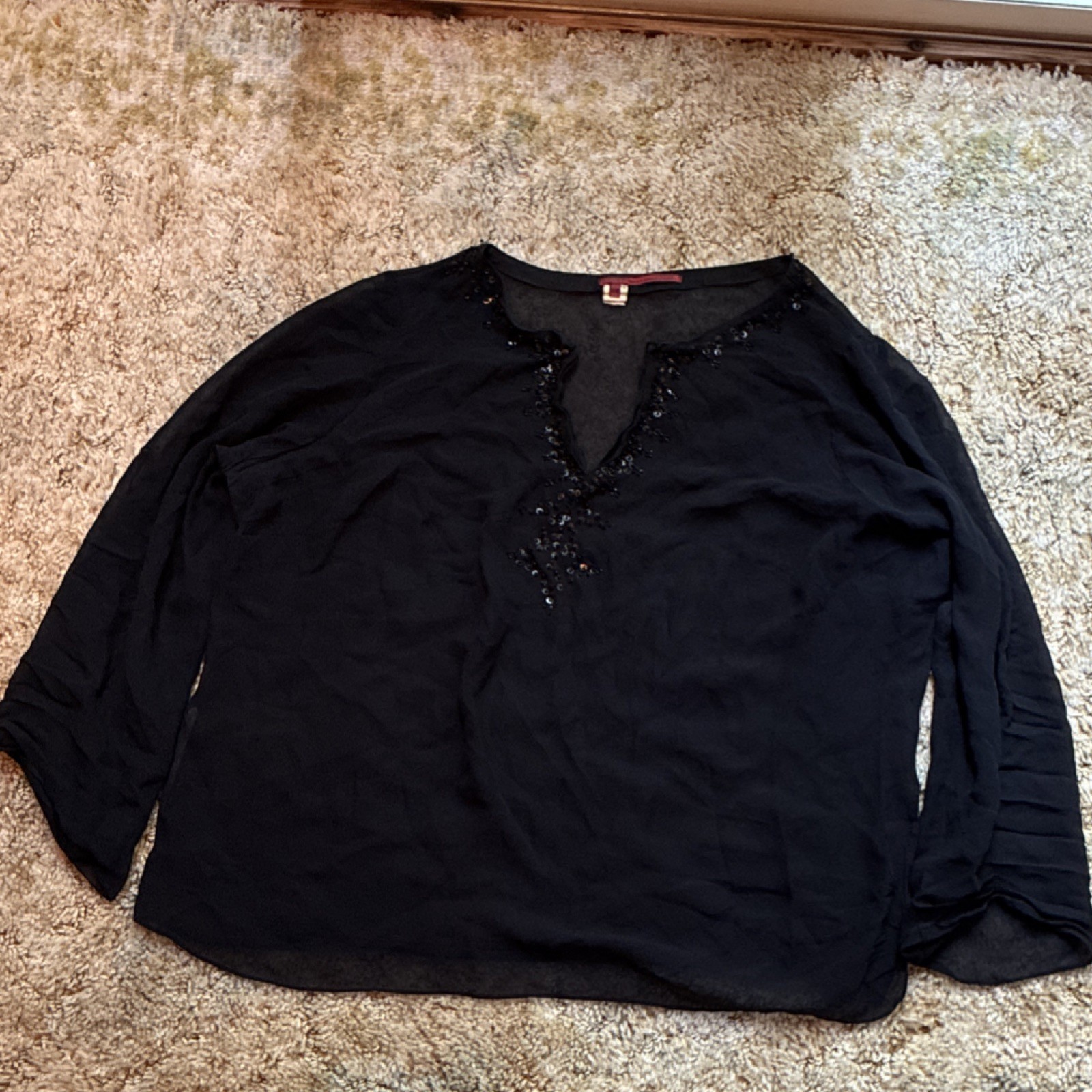Tape Measure/Woman Black 100% Silk Blouse Size 16W With Breaded Collar