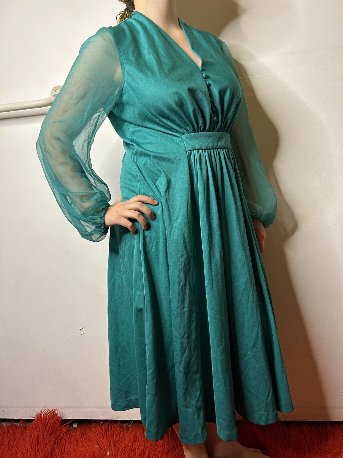 Vintage 1980s does 70s Teal Midi Caftan Dress Chiffon Sleeves Prairie Boho AU 14
