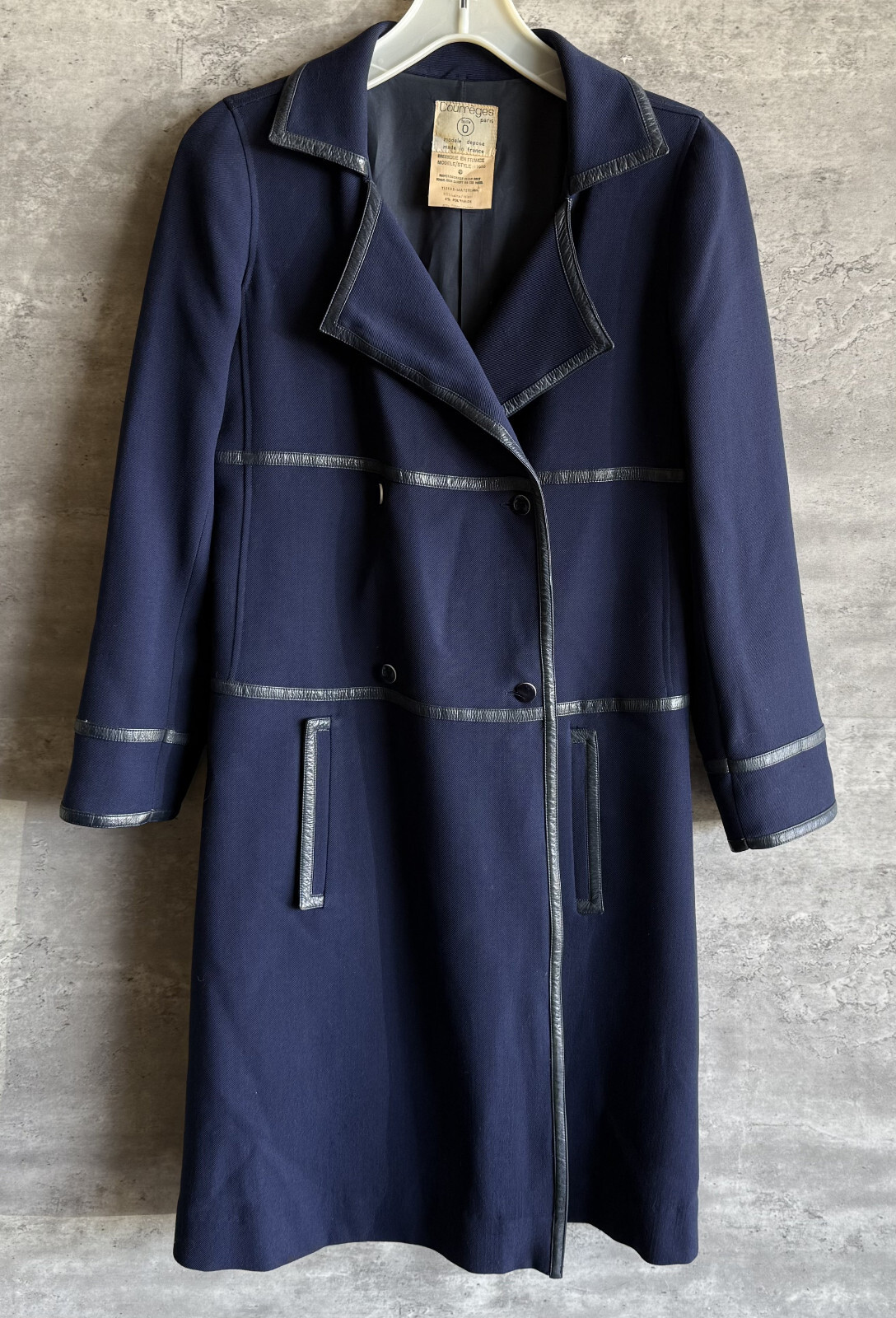 Vintage 1970s Courreges Paris Navy Blue Wool Blend Double-Breasted Coat Size 0