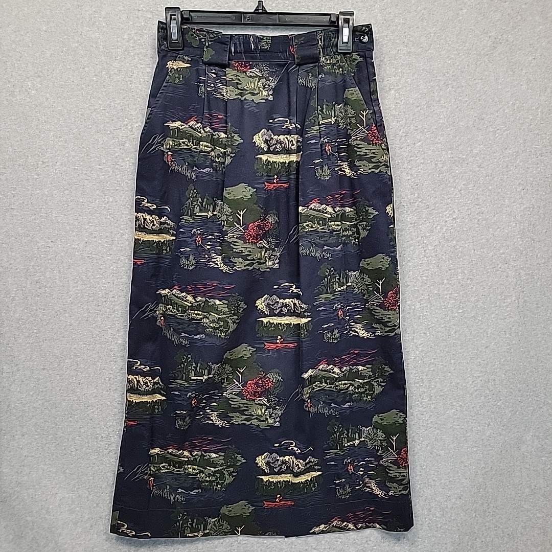 VTG 90s BUSHWACKER USA Maxi Skirt Navy Fishing Mountains Cottagecore Waist 24″