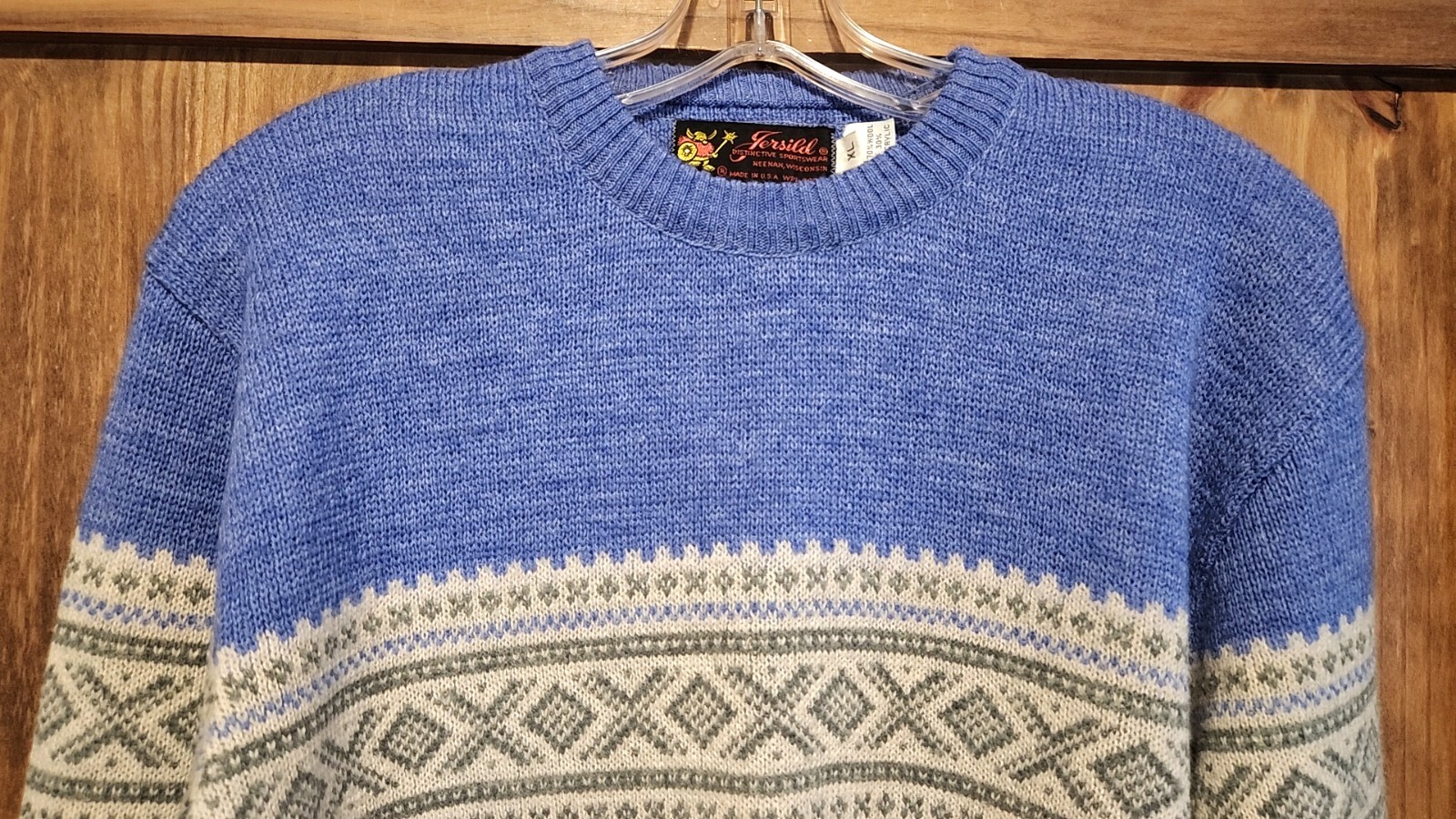 Vintage Jersild 60s Nordic Blue Fair Isle Sweater Womens XL Wool Blend Knit Ski