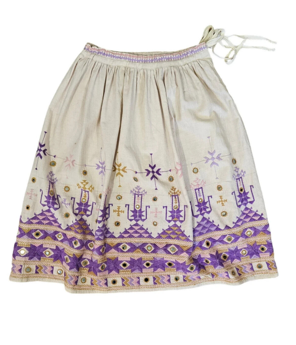 Vintage1970’s Taraliya Homespun Ivory Cotton Lavender Embroidered Mirrored Skirt