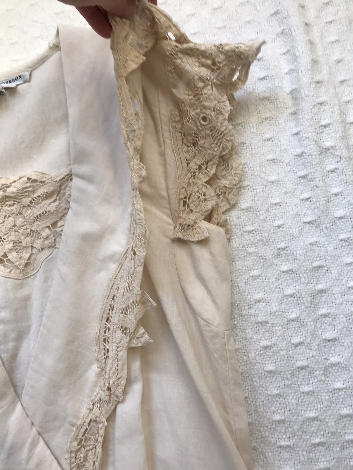 VTG Nancy Johnson Drop Waist Dress Natural Ecru Crochet Lace Pleated Skirt sz 6