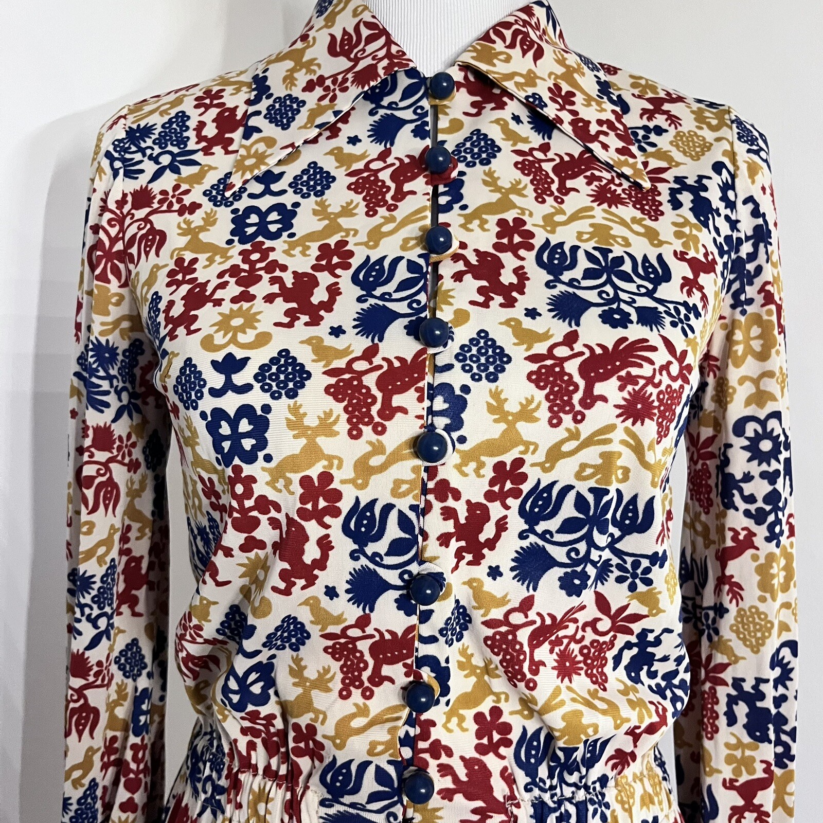 Vintage Homemade Modest Boho Peasant Dress Patterned Long Sleeve 70s