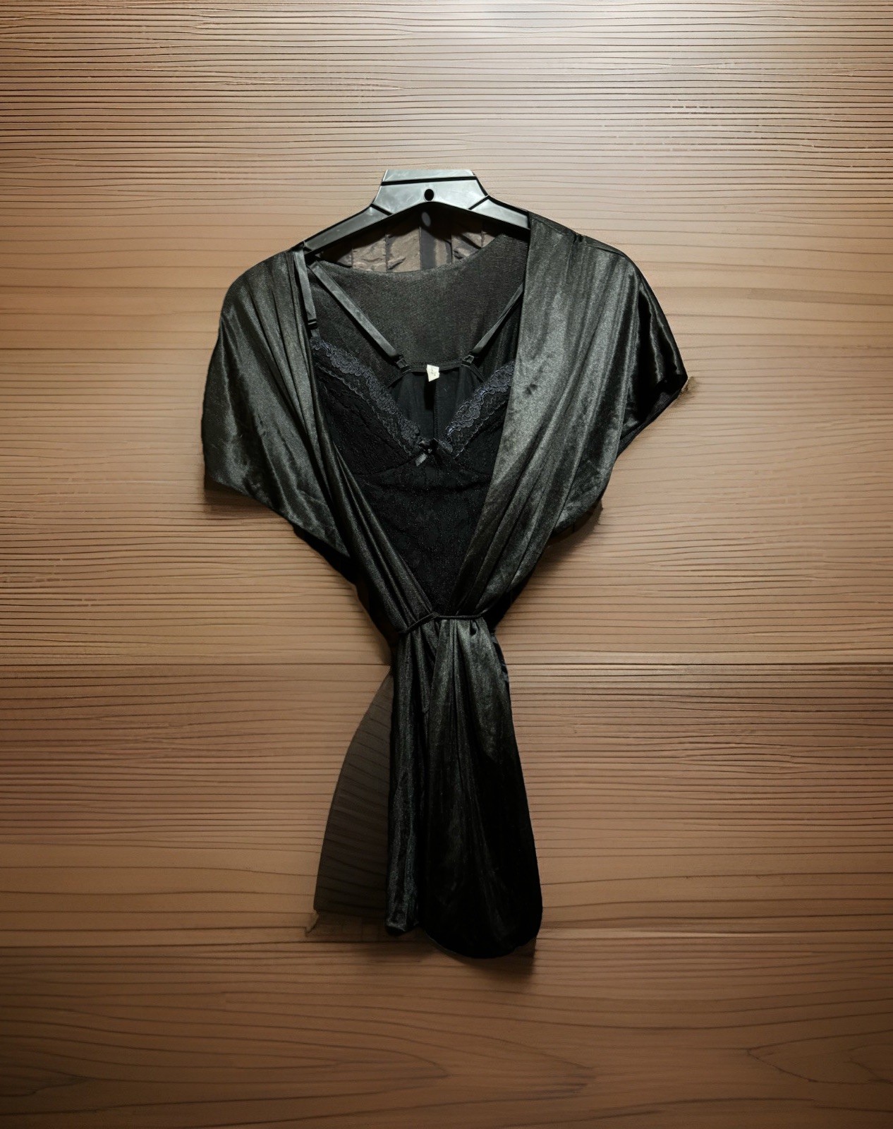 Je Tadore Black Lacy Teddy Bodysuit L Medium & Satin Flowy Robe Vintage 1980s