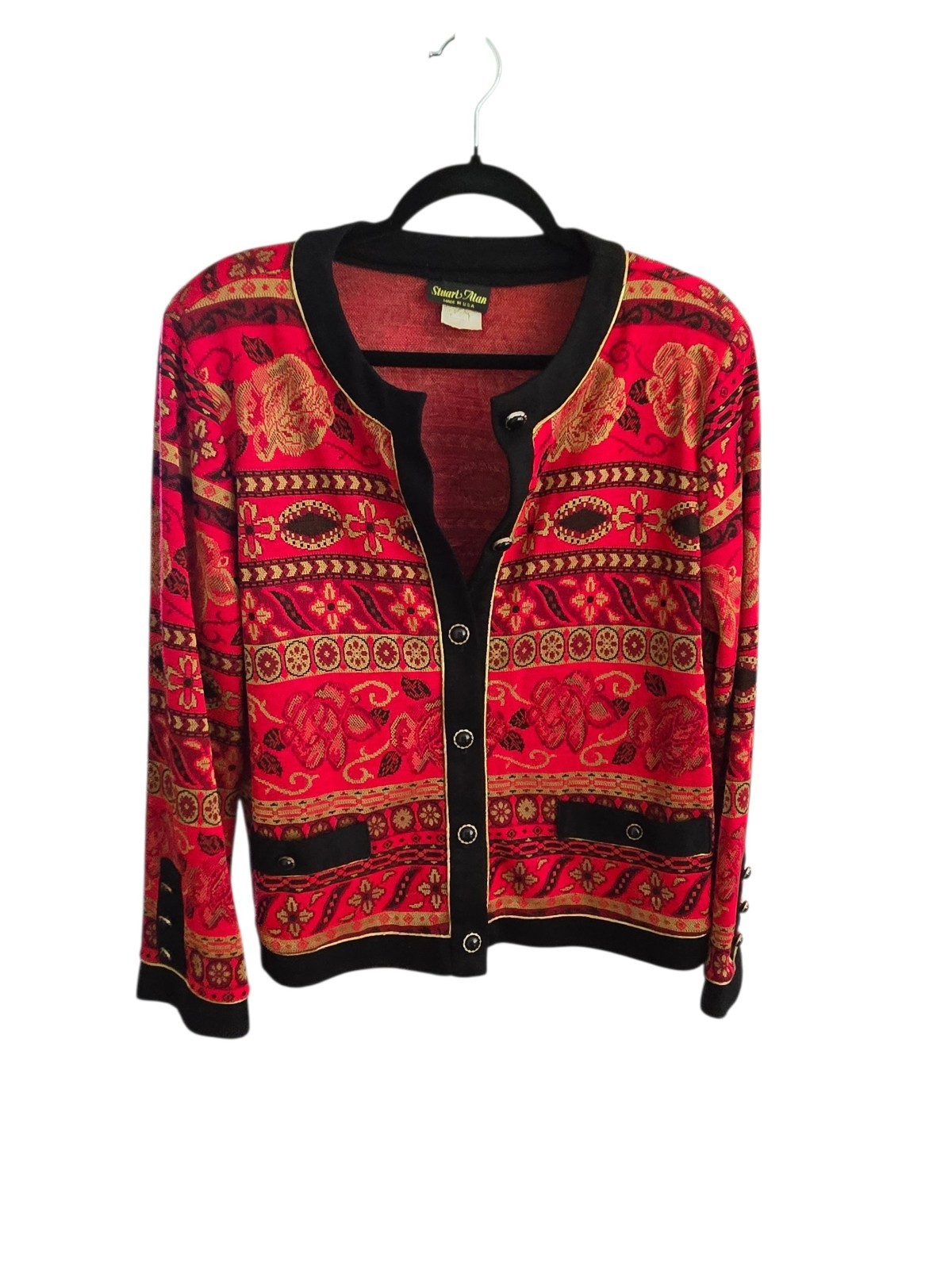 VTG Stuart Alan Cardigan Jacket Sweater Red Black Gold Tapestry Button Front 14