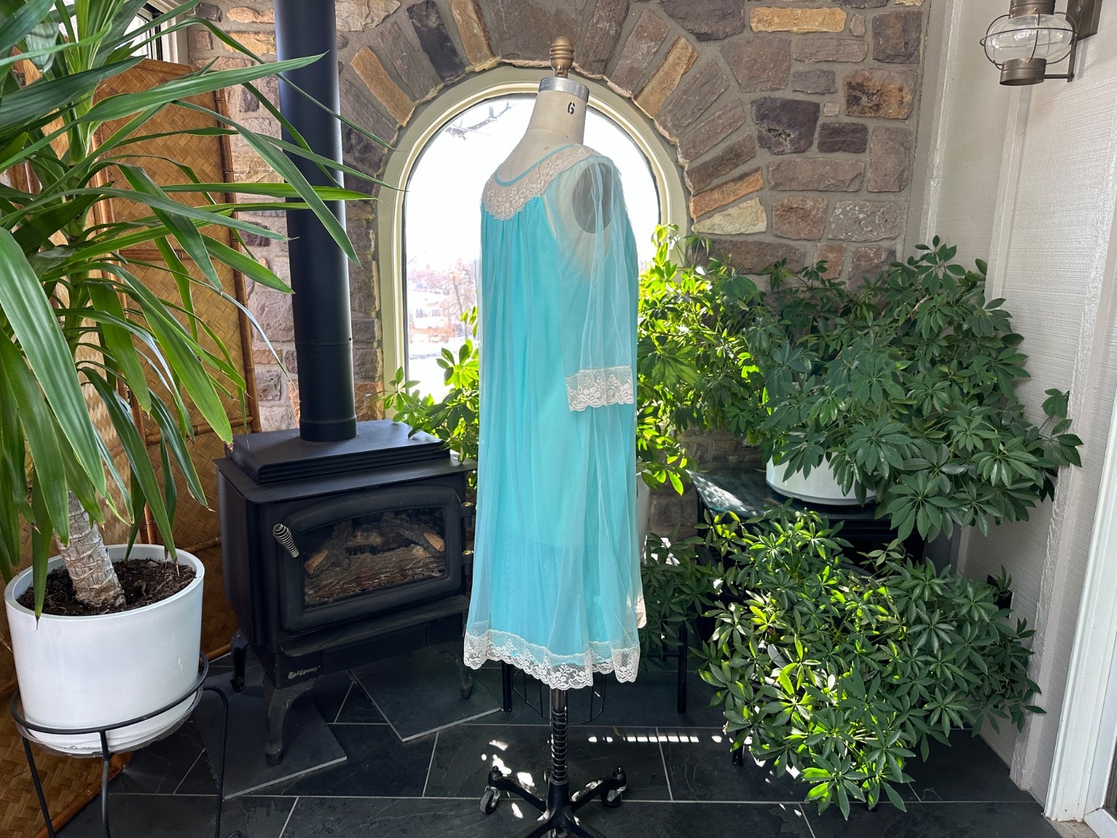 Vintage 1970s Turquoise Blue Nylon and Ivory Lace Nightgown