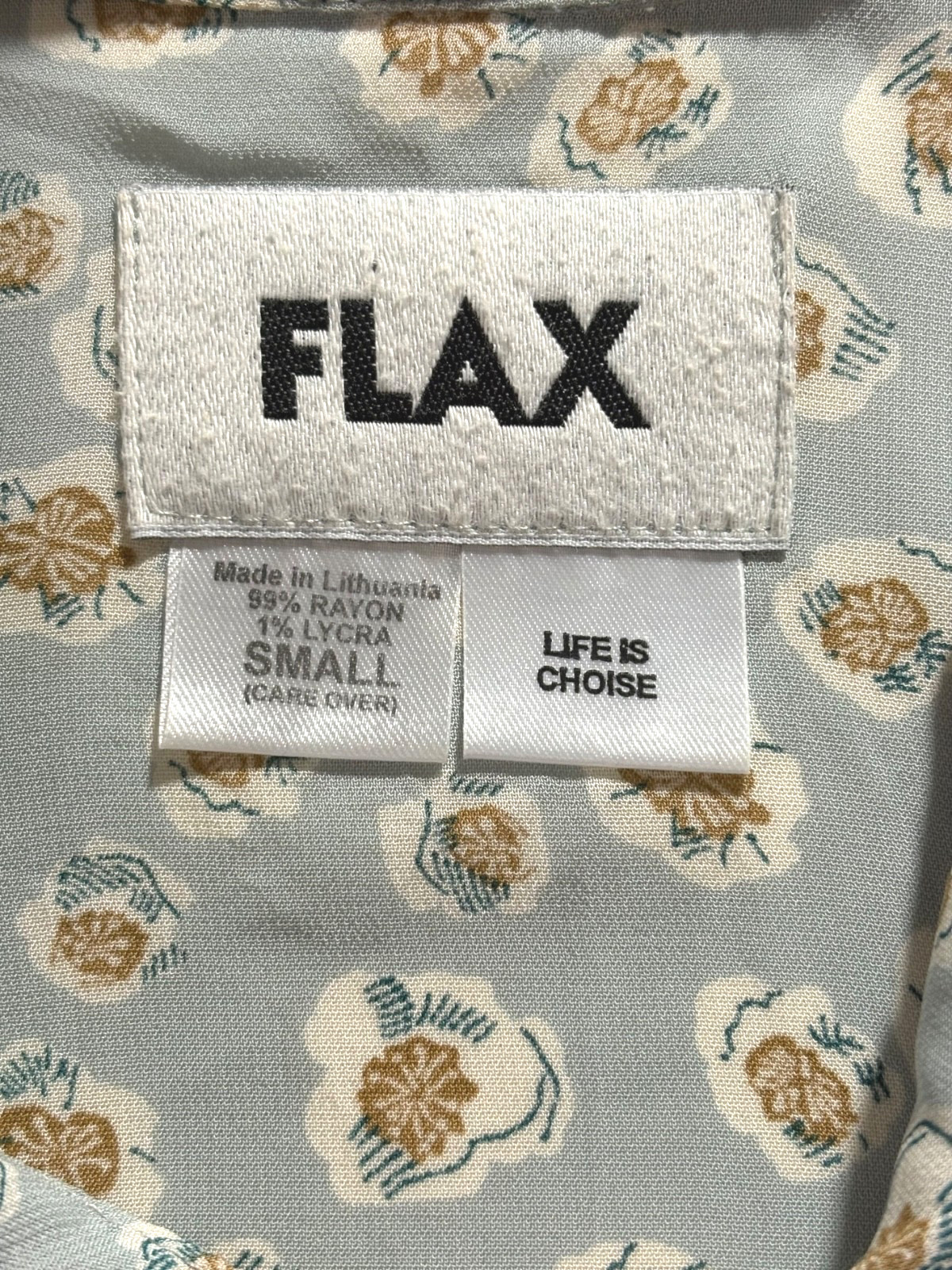 FLAX SOFT GREEN PRINT BLOUSE, MARKED SMALL BUT FITS LARGE , VINTAGE 1980’S