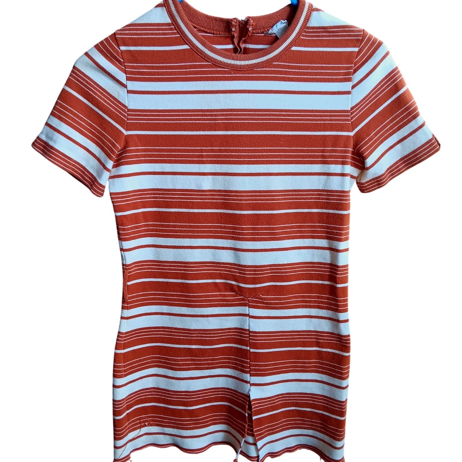 True Vintage Medium Tunic T-shirt 1970’s Striped Rust White Knit Top Back Zipper