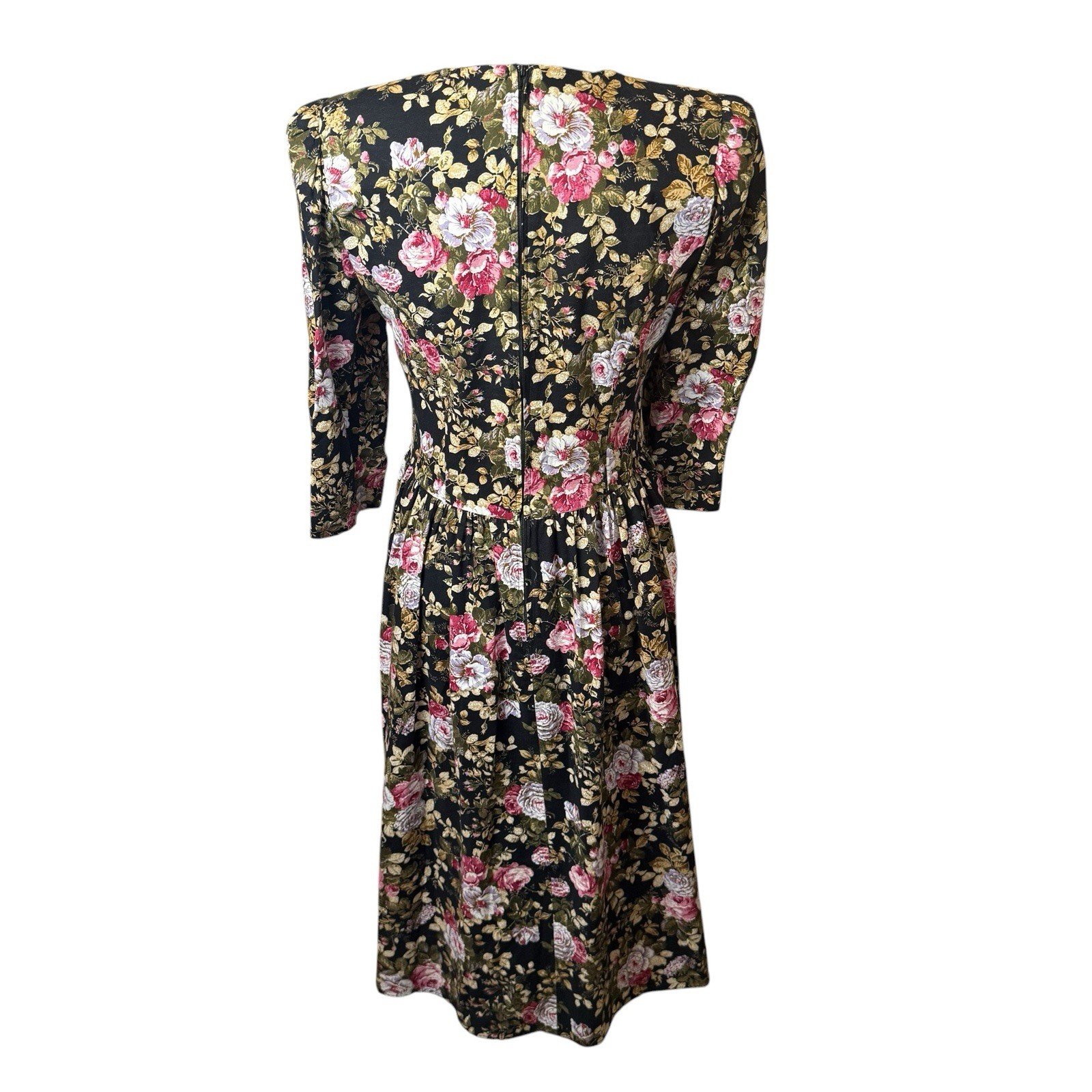 Vintage 80s Dark Cottagecore Black Floral Midi Dress Size Large Lace Prairie