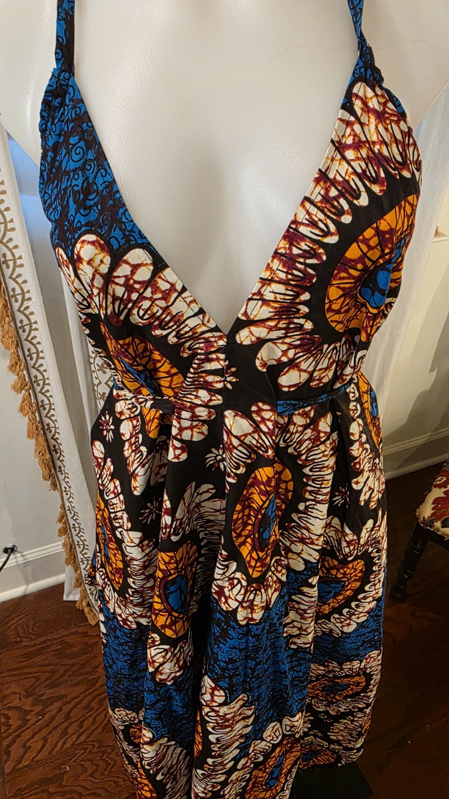 Handmade African Bombchel Multicolor Print Halter Maxi Dress Black Blue OS