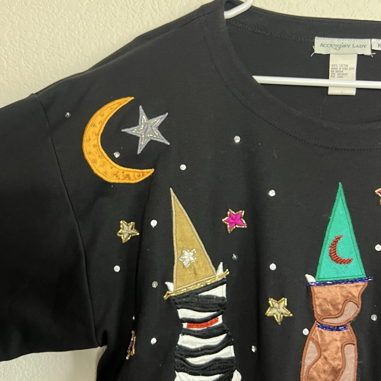 Vintage 80s Sweatshirt Tunic Halloween Cat Applique Folk Art Medium Beaded