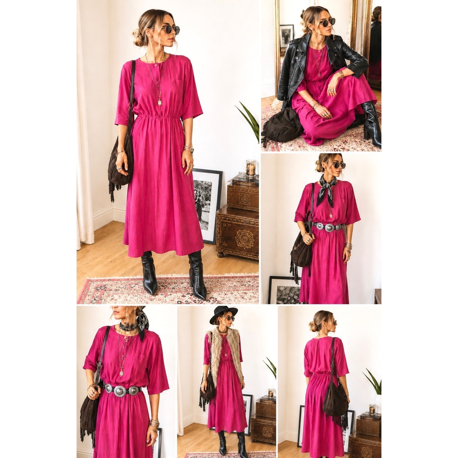 Vintage Ranch Luxe Pink Midi Dress Elastic Waist Textured Silk Like Quiet L