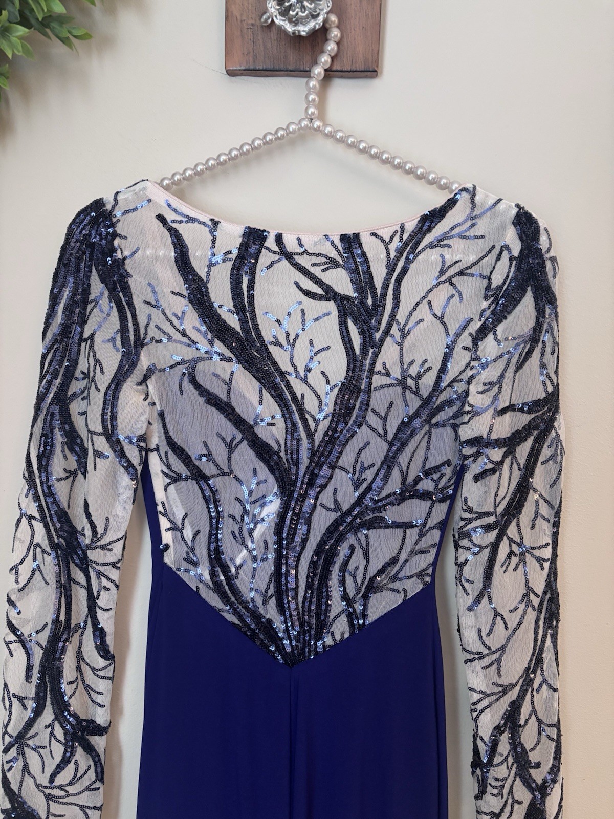 Vintage Riva Designs Size 00 Blue Formal Evening Long Gown Sequins Long Sleeve