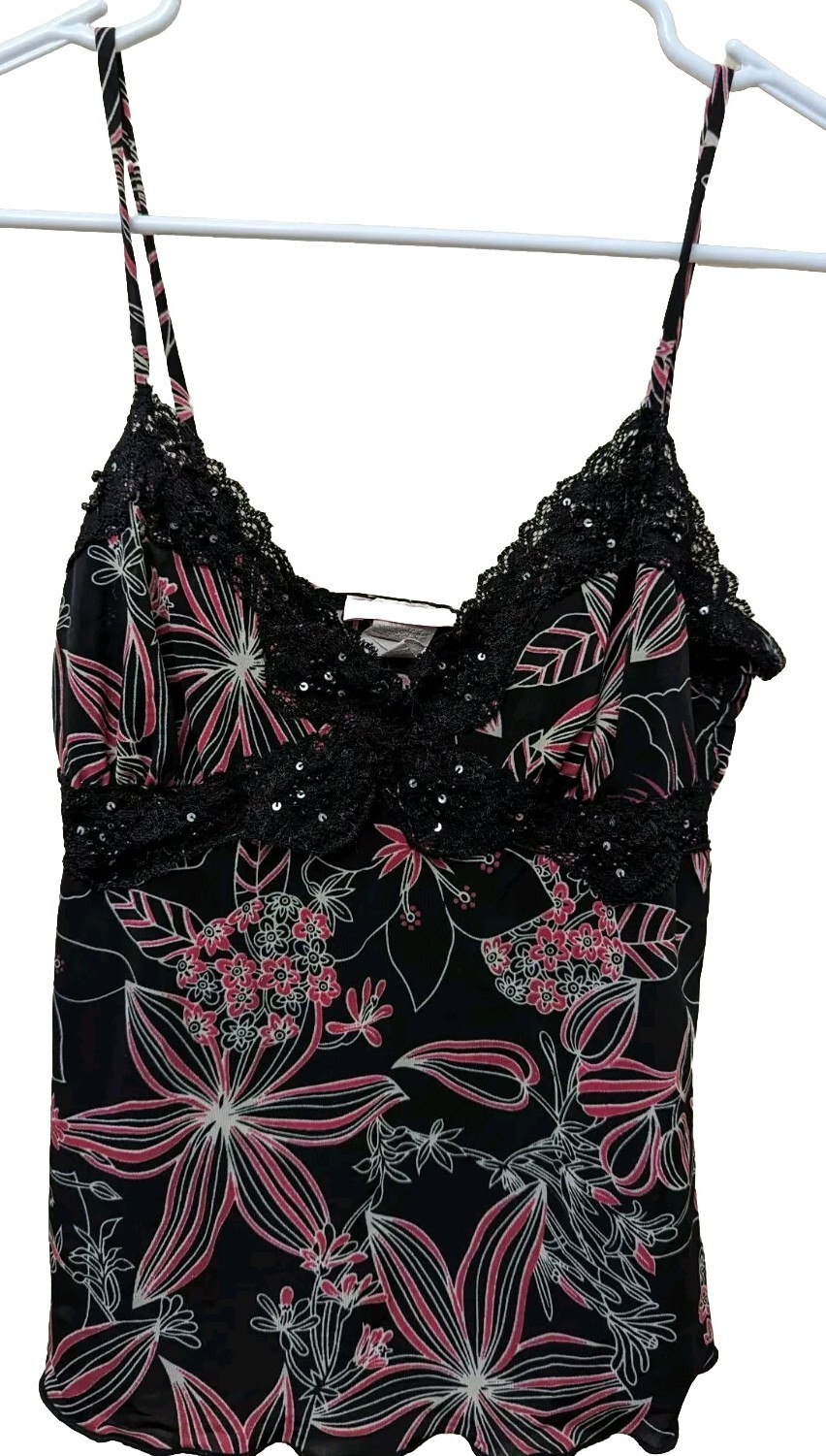 Dess USA Camisole Cami Black Floral Lace Sequins Size Small V Neck