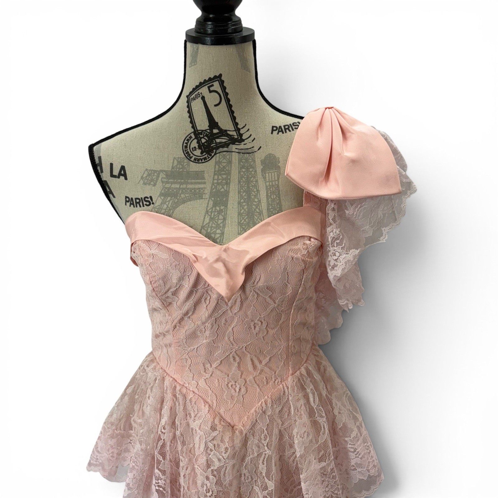 Vintage 80s Pink Lace One Shoulder Prom Gown Peplum David Howard Climax XS